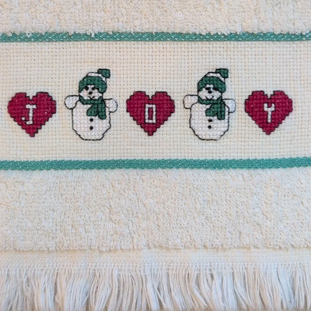 Vintage Festive Cream Hand Towels with Cross Stitched Holiday Motifs Set Of 2